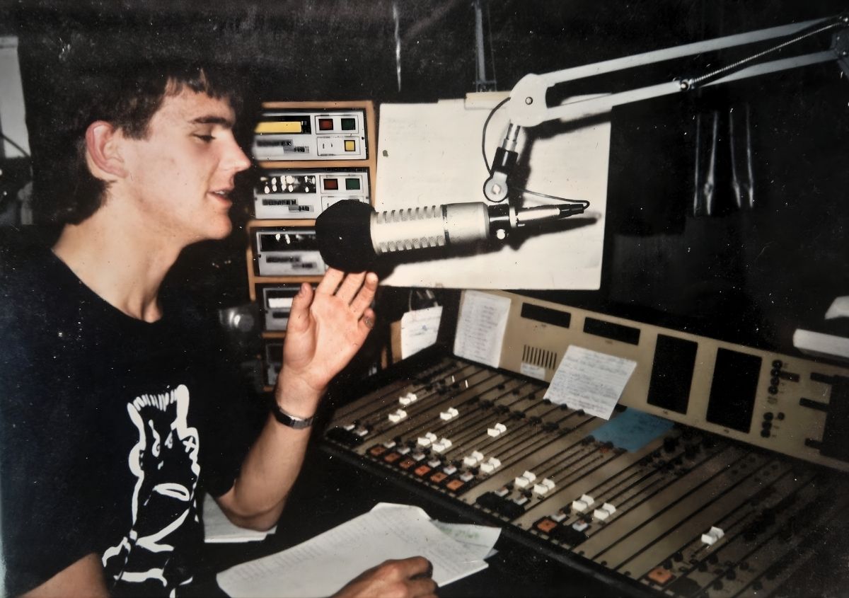 Nick Logan on air at KCC-FM, Whangārei, mid 1990s